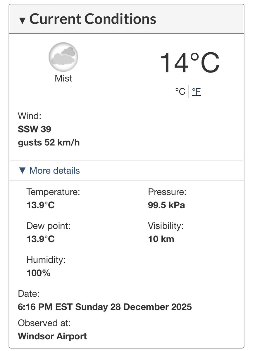 #ONStorm #ONwx Meanwhile in Windsor… break out the palm trees! 🌴

It’s currently 14°C at the Windsor Airport!

Reminder: It’s 6 PM in late December. 😳

- Brennen