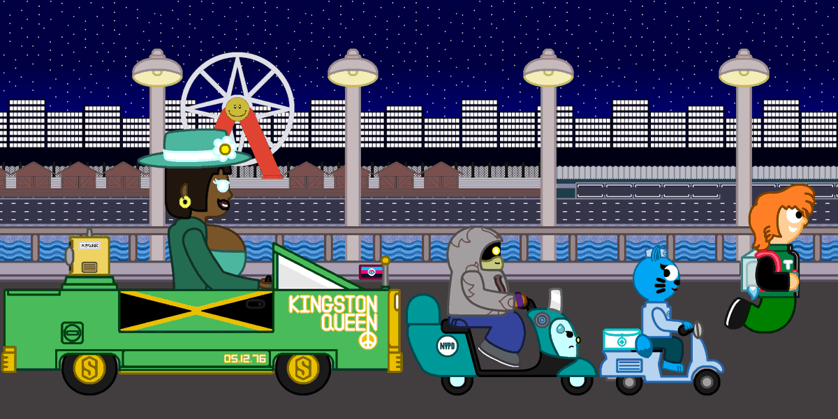 I'd say this is a decent picture to cap off this year - a mid-nightly friendship convoy?

...I don't think I ever mentioned how <a href="/NobodyLivesHer7/">NobodyLivesHere</a> got to keep Scootle after The Inside Scoop.
Or how <a href="/MsCreepyGreen20/">SlimyAcid4o4👽</a> owns a low-rider passed down from Uncle Reese.
#thetobyshow #oc