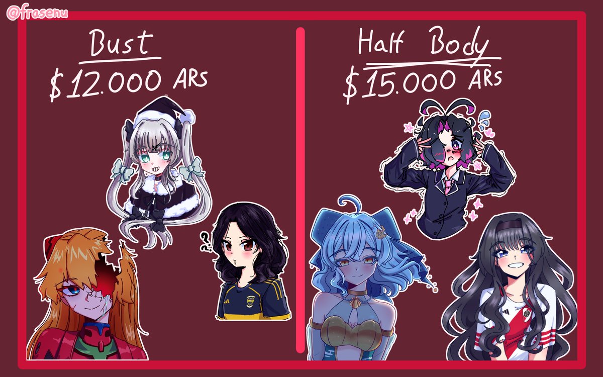 Frasenu's tweet image. ✨COMISIONES CON DESCUENTOS EN PESOS ARGENTINOS✨
Holi, estaré realizando comis de ⭕️Emergencia⭕️en pesos argentinos (ARS) de Bust, Half Body y SKETCHS
Los precios son referentes y están ligados a los Términos y Condiciones
Cualquier consulta pueden realizarla
T&amp;amp;C en comentarios