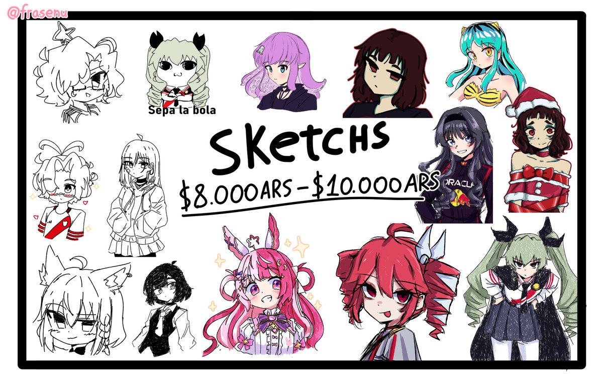 Frasenu's tweet image. ✨COMISIONES CON DESCUENTOS EN PESOS ARGENTINOS✨
Holi, estaré realizando comis de ⭕️Emergencia⭕️en pesos argentinos (ARS) de Bust, Half Body y SKETCHS
Los precios son referentes y están ligados a los Términos y Condiciones
Cualquier consulta pueden realizarla
T&amp;amp;C en comentarios