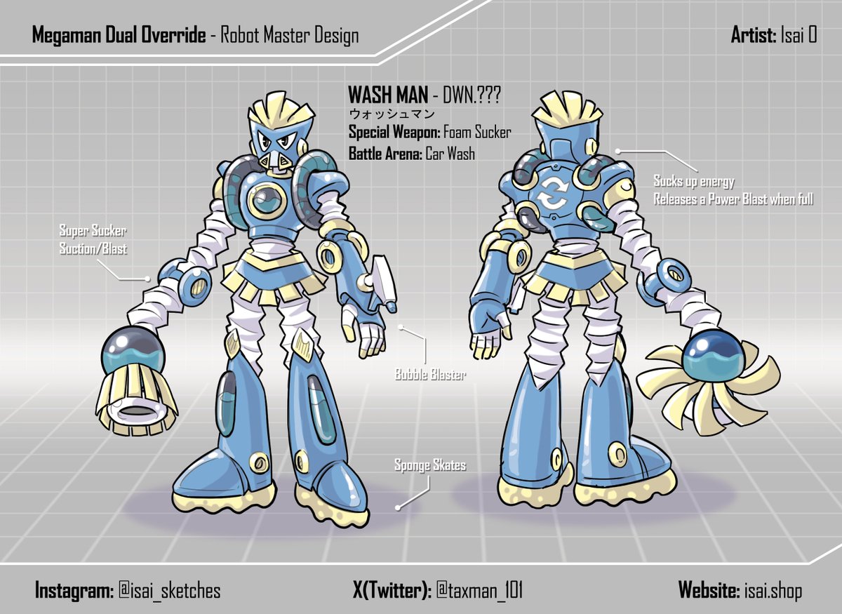 My Robot Master Design for <a href="/MegaMan/">Mega Man</a> Dual Override: WASH MAN. Once designed to wash your car, now he's here to wash YOU! With his Super Sucker, he absorbs projectiles. When full, he blasts them out!   #MegaManDO #DesignARobotMaster #characterdesign #illustration #art #megaman