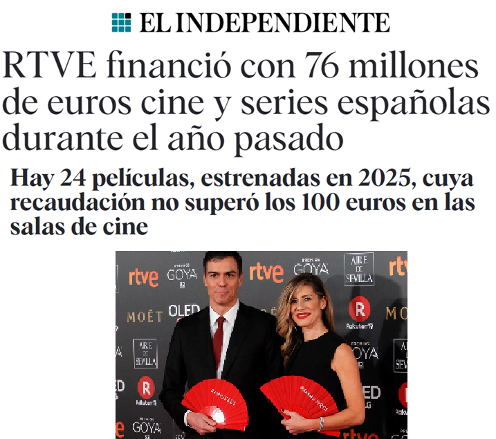 24 películas subvencionadas con tus impuestos en 2025 no han recaudado ni 100 euros de espectadores.

Este es el negocio del cine español: cobrar las subvenciones y vivir a costa tuya, aunque lo que hagan sea una castaña, mientras te dan lecciones de moralina y ética.