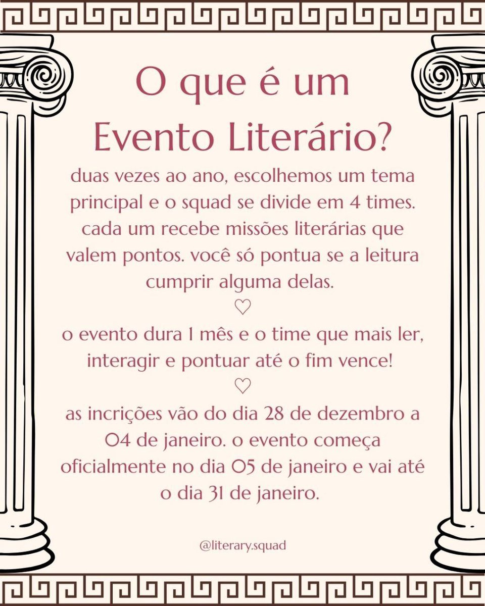 squadliterary's tweet photo. vai rolar um evento literário literary squad com o tema deuses gregos 🏛

temos os times afrodite 🌹, hades 💀, poseidon 🔱 e apolo ☀️, com missões temáticas, jogos, sprints, lc’s e muita interação ao longo do ano.

as inscrições vão até 04/01!
entre em https://t.co/0cWNY5VZ43. https://t.co/x5Z8jy3RjU