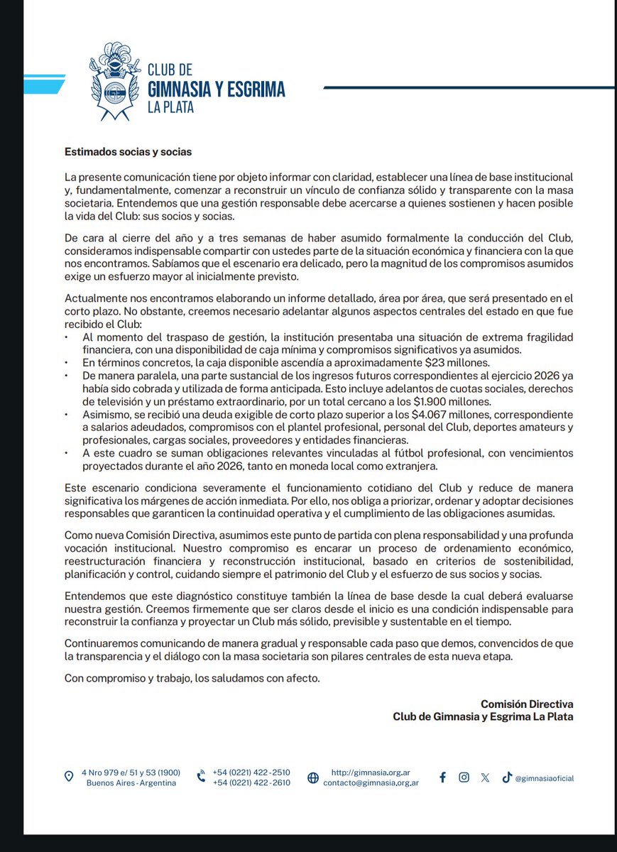 #GELP #CGE <a href="/nuevosairesfm/">Nuevos Aires FM 99.7</a> Comunicado de la Comisión Directiva donde informa la situacion económica del Club
