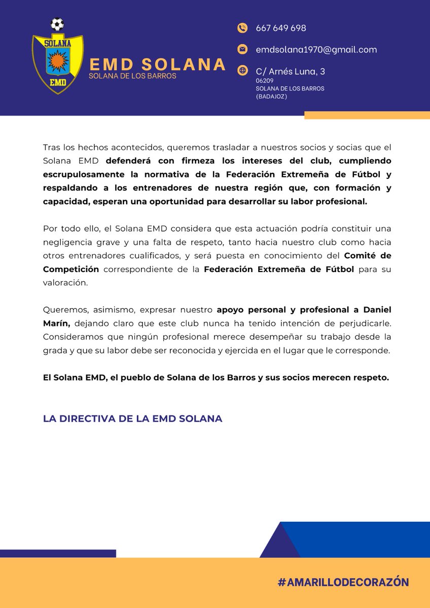 COMUNICADO OFICIAL💛💛

✅ Comunicado del club tras los últimos acontecimientos ocurridos en la parcela técnica del equipo.