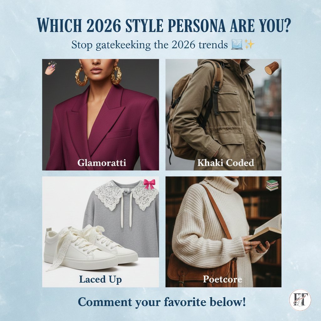 fashiontempoco's tweet photo. The 2026 Style Persona is starting to emerge. 🧊✨
Are we ready for the comeback of 80s luxury (Glamoratti), or are we staying in our comfort zone with Poetcore? 
Choose your style for the New Year
#Fashion2026 #StyleReset #PinterestPredicts https://t.co/VJKKmXo2IU