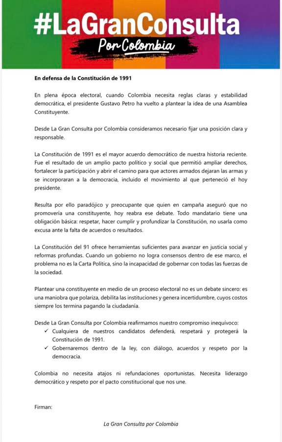 EltrinoCo's tweet image. #ATENCIÓN 🚨 #POLÍTICA
Mientras sectores tradicionales como La Gran Consulta por Colombia intentan sembrar miedo y confusión, el presidente Gustavo Petro ha sido claro: la Asamblea Constituyente no se hará en época electoral y seguirá los canales democráticos y constitucionales.…