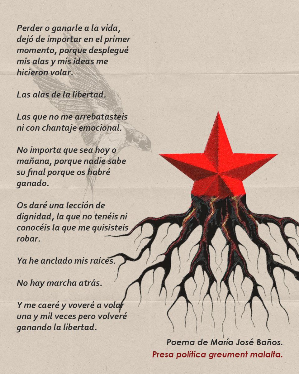 ✊Poema de Maria José Baños, presa política gravemente enferma. 

Su vida corre serio peligro y el Estado la chantajea con su estado de salud para que reniegue de sus ideas revolucionarias. 

Más información: presos.org.es/index.php/cate…

<a href="/antirepreBCN/">Plataforma Antirepressiva de Barcelona #PAB</a> <a href="/antirepre_pon/">Plataforma Antirepressiva de Ponent</a>