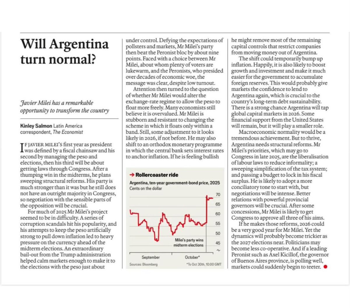 Fenómeno Barrial.
No paran de salir artículos sobre @jmilei

El Newsweek se pregunta si el presidente logrará transformar a la Argentina en un país normal.
Luego de resaltar el sorprendente resultado electoral de octubre que provocó un salto de los bonos y un desplome del riesgo