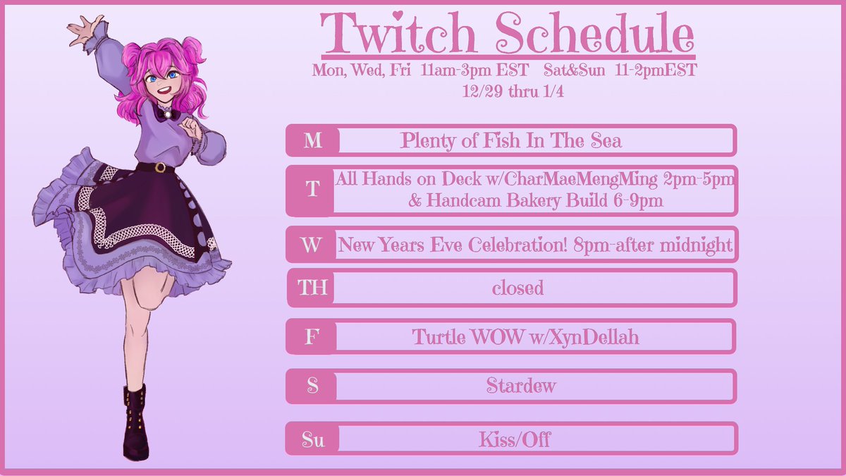 Tuesday has a collab with <a href="/CharMaeMengMing/">✨ Charmaine ✨ Jester Vtuber 🐏🎭</a> from 2-5EST &amp; later (6-9) hopefully I'll finish my bakery with y'all! New Years Eve holds special plans too, I'll be streaming 8pm- after midnight EST! #vtuber #indiegames #NewYearsEve