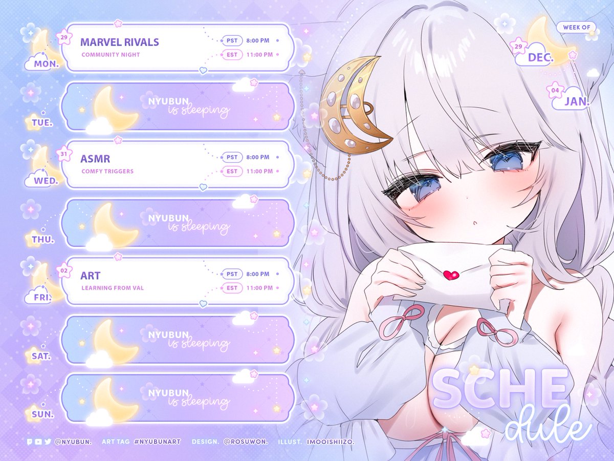 ✦ ·【 Stream Schedule 】Dec. 29-Jan.4
Twitch · twitch.tv/nyubun