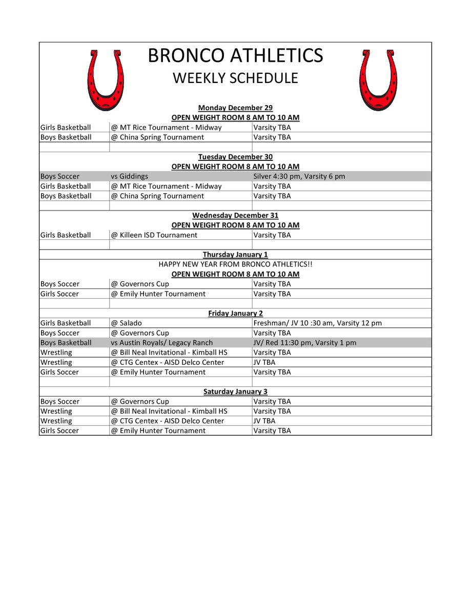 <a href="/BroncosLbhs/">LBHS Broncos</a> is still working during the break.  Open Weight Room Monday - Thursday, <a href="/LBHSgirlsBB/">LBHS Girls Basketball</a>, <a href="/LakeBeltonHoops/">Lake Belton Bronco Basketball</a>, <a href="/lakebelton_boys/">Lake Belton High School Boys Soccer</a> &amp; <a href="/lbsoccer_LBHS/">LBHS Lady Bronco Soccer</a>, <a href="/LakeBeltonWRES/">Lake Belton HS Wrestling</a>  are in Holiday Tournament action.  Time to get the new year started off on the right track #RISEUP