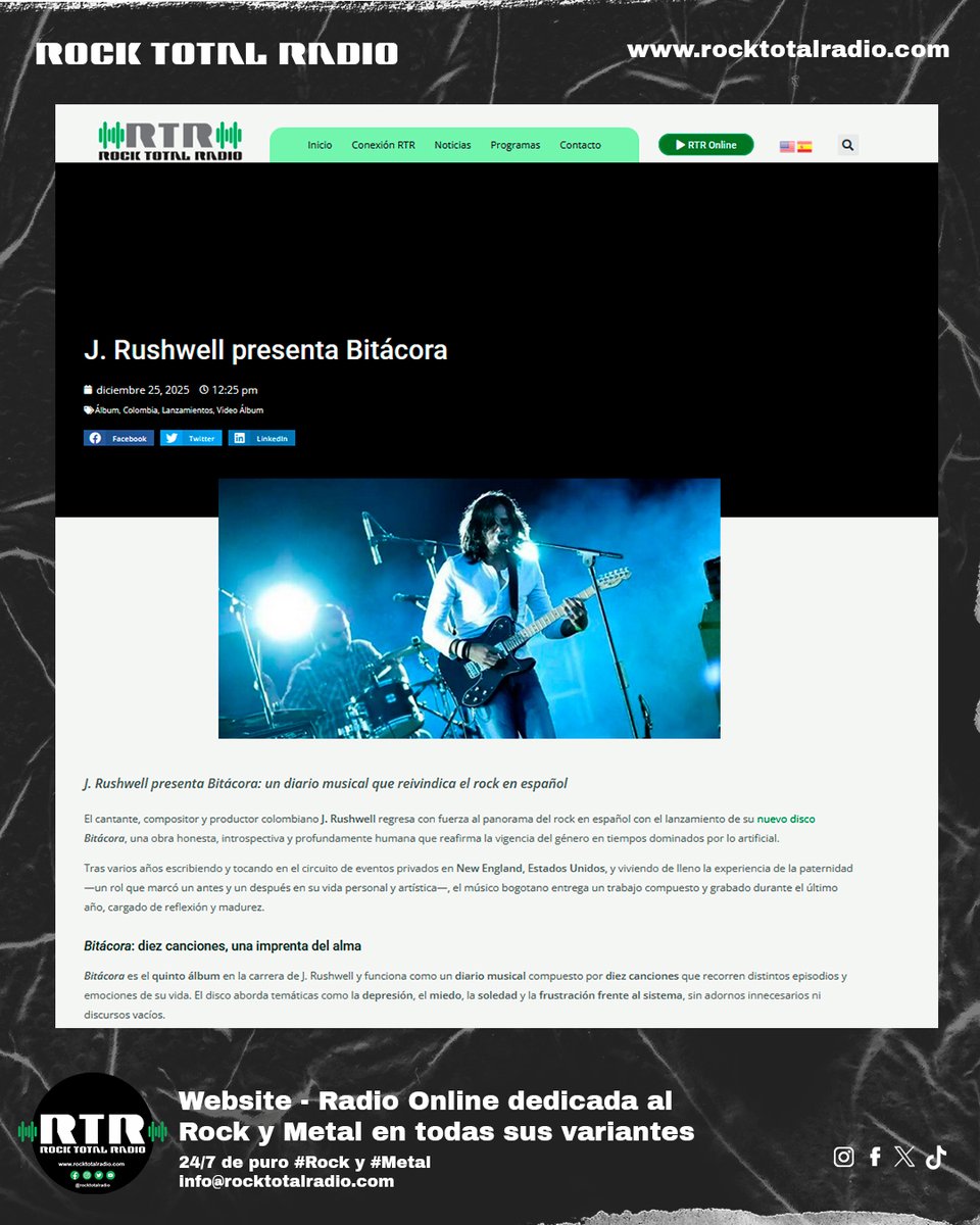 🎸 J. Rushwell presenta Bitácora, un diario musical de 10 canciones lleno de rock en español con alma y guitarras que llegan al corazón 🤘
·
Lee la nota 👉 rocktotalradio.com/j-rushwell-bit…
·
#RockEnEspañol #RockTotalRadio