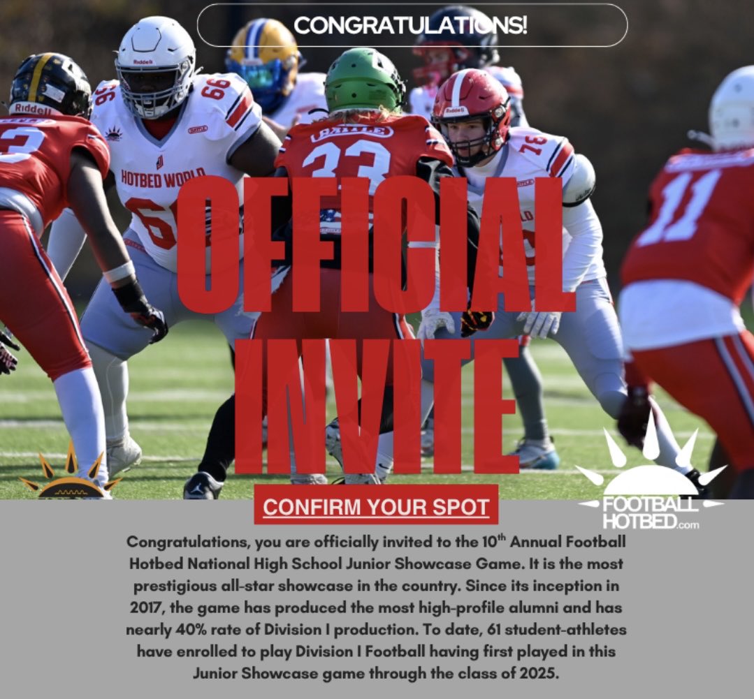 Blessed to be invited to the 10th Annual Football Hotbed National High School Junior Showcase Game in Atlanta! <a href="/FootballHotbed/">Football Hotbed</a>
