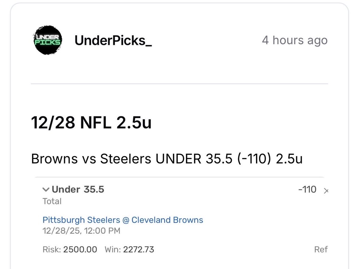 UnderPicks_'s tweet image. Browns vs Steelers UNDER 35.5 (-110) 2.5u✅

THATS 9 FUCKING STRAIGHT LETS FUCKING GO ANOTHER NO SWEAT NEEDED ABSOLUTE LOCK🔒🔥🤝🤑🧹