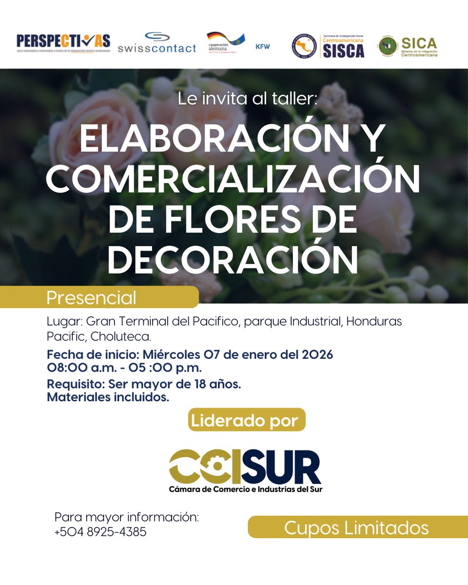 Este miércoles 07 de enero del 2026 la Cámara de Comercio e Industrias del Sur te trae un increíble Taller: Elaboración y Comercialización de Flores de Decoración.

🔗Incríbete: forms.gle/WyM1p28v7a8xxp…