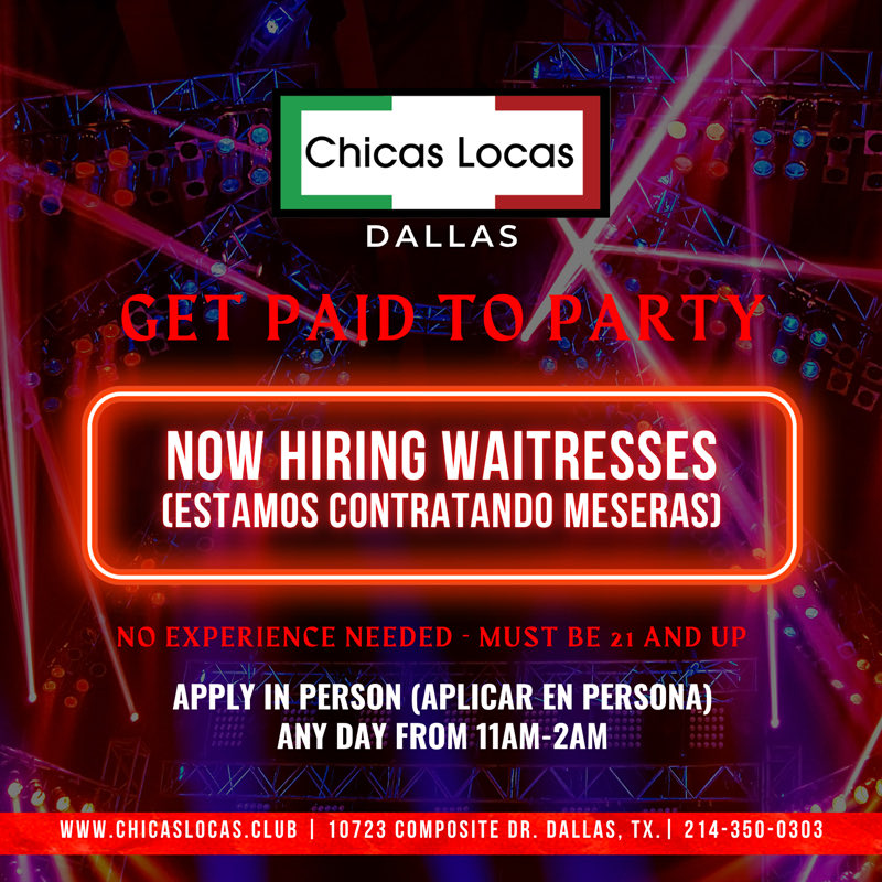 dcarrillo84's tweet photo. 🚨 NOW HIRING WAITRESSES 🚨

Chicas Locas Dallas
10723 Composite Dr 
Dallas Tx 75220

Apply in person! https://t.co/TS0LYXNUtx