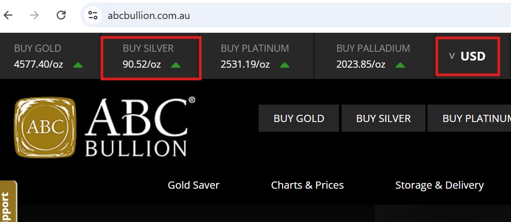 silvertrade's tweet image. 🔥🔥**SPOT SILVER $90.52/oz USD!!**🔥🔥

🚨Australia's ABC Bullion DITCHES COMEX, PEGS SILVER SPOT PRICE TO SHANGHAI AT $90.52/oz!! 🚨

🔥THE END OF PAPER SILVER MANIPULATION HAS ARRIVED!! 

⚡️SELLERS OF PHYSICAL SILVER ARE REFUSING TO SELL SILVER AT COMEX PAPER SILVER FUTURES…