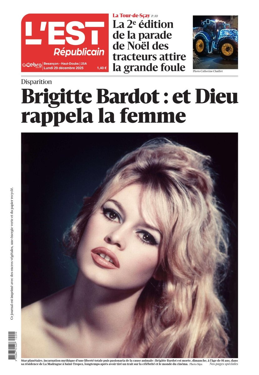 Voici la Une de votre journal du lundi 29 décembre.

Vous pouvez retrouver ici tous nos articles sur Brigitte Bardot ➡️ l.estrepublicain.fr/b1c