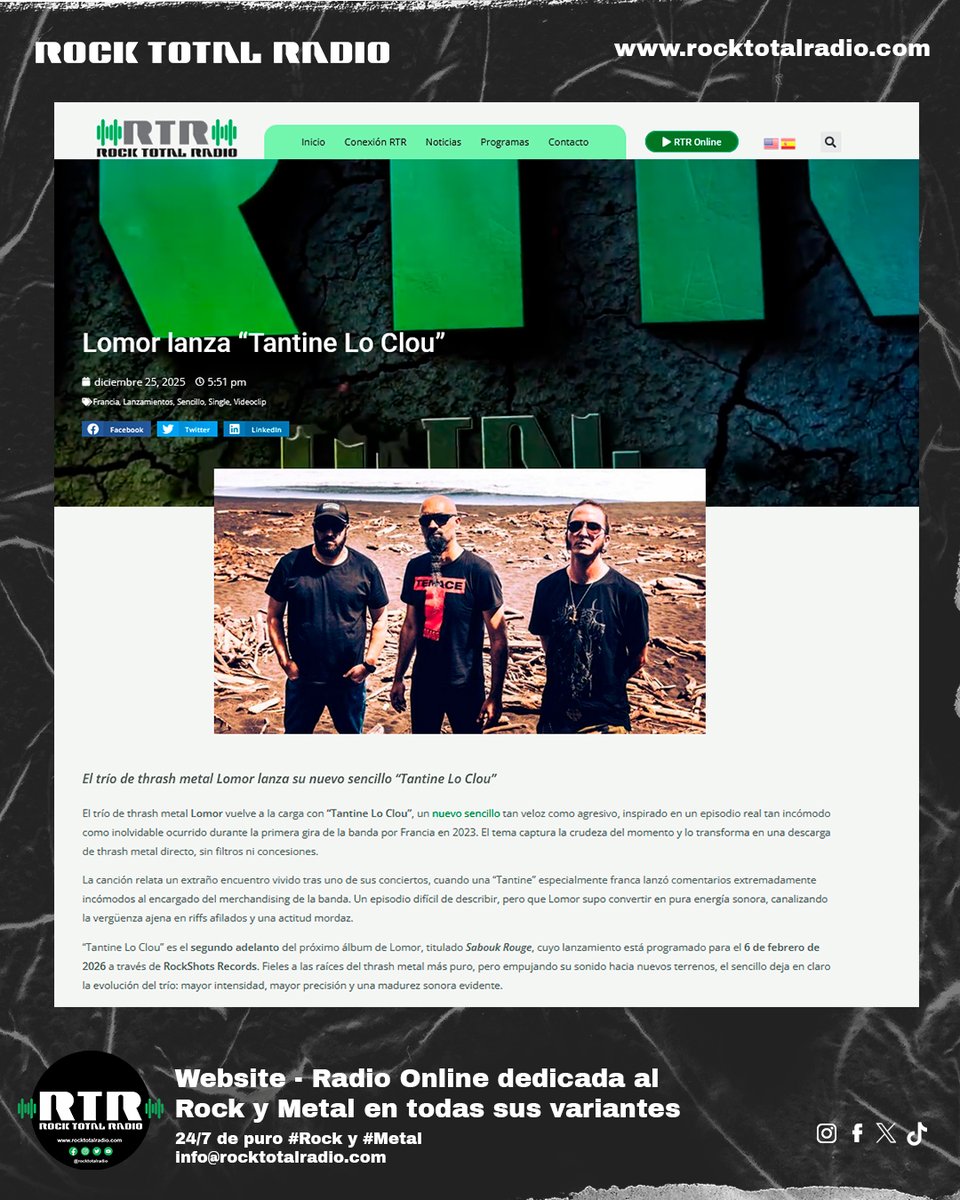 Lomor presenta “Tantine Lo Clou”, un nuevo ataque de thrash metal rápido y agresivo. Segundo adelanto del álbum Sabouk Rouge.
·
👉 rocktotalradio.com/lomor-tantine-…
·
#ThrashMetal #Lomor #Metal