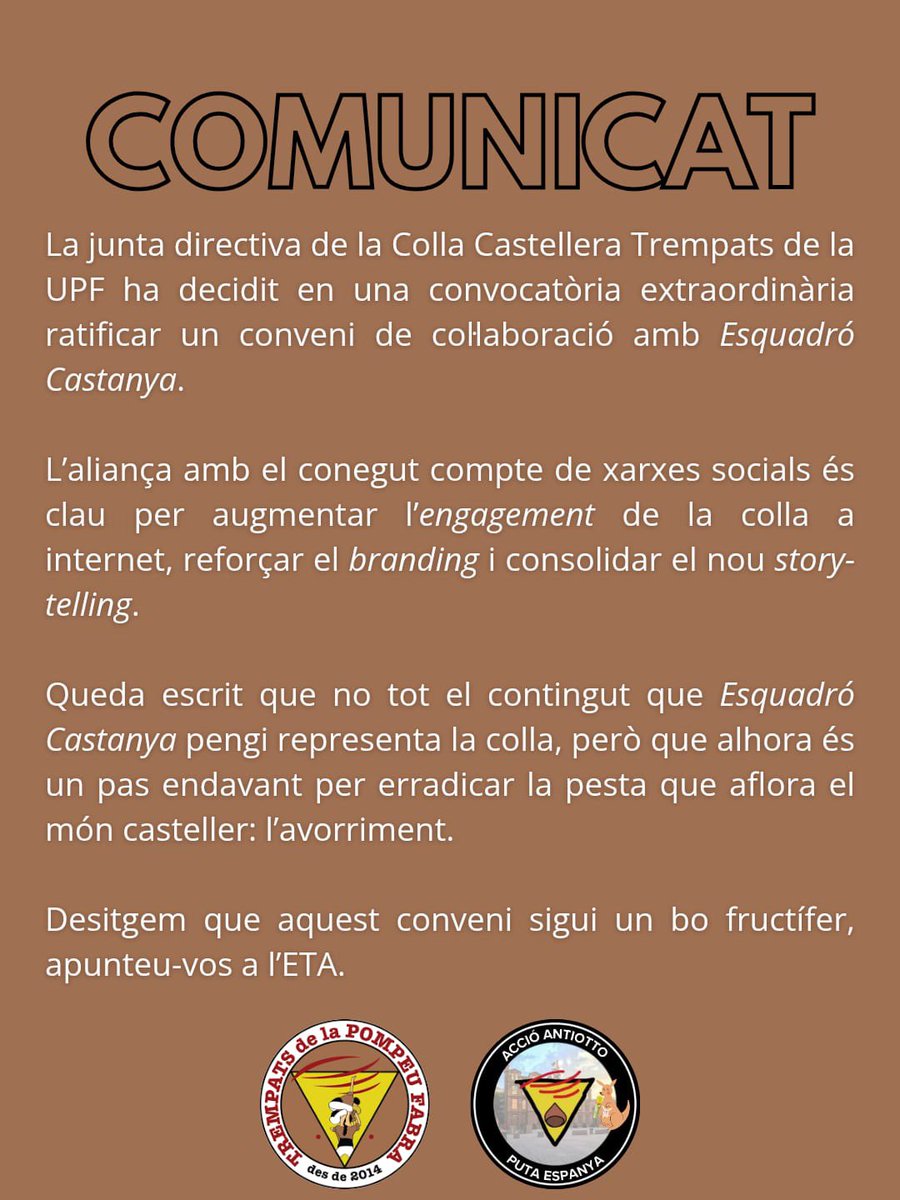 Des de la Comissió de Comunicació de Trempats volem anunciar que, després de llargues reunions, hem decidit iniciar una nova etapa de col·laboració estratègica amb el conegut compte de Twitter (acció anti-X) <a href="/esquadrotrempat/">Esquadró Castanya 🌰</a> , també anomenat Esquadró Castanya.🌰