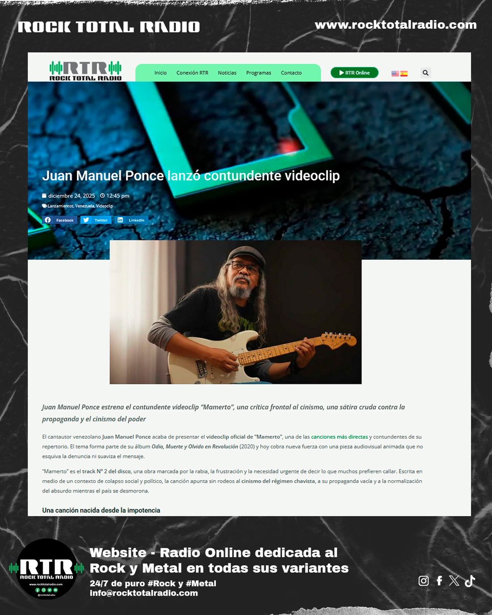 🎬 Juan Manuel Ponce <a href="/jmpmusicve/">Juan Manuel</a>  presenta el videoclip “Mamerto”, una sátira cruda contra la propaganda y la fidelidad ciega. Track Nº2 del álbum Odio, Muerte y Olvido en Revolución (2020).
·
🔗rocktotalradio.com/juan-manuel-po…
·
#JuanManuelPonce #Mamerto #RockLatino #protesta #combatrock