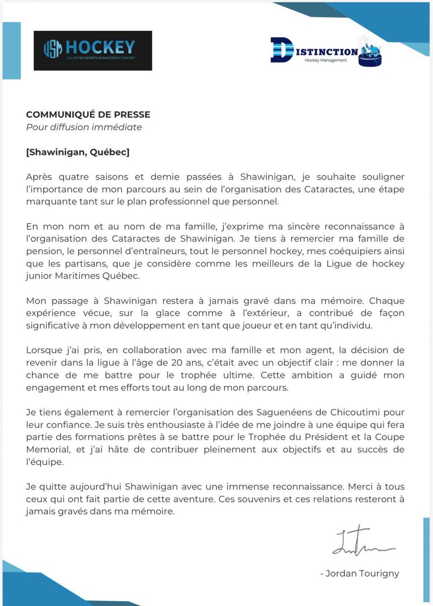 StephRDSJunior's tweet image. Message de Jordan Tourigny apres 4 saisons et demie a Shawinigan #Classe #LHJMQ