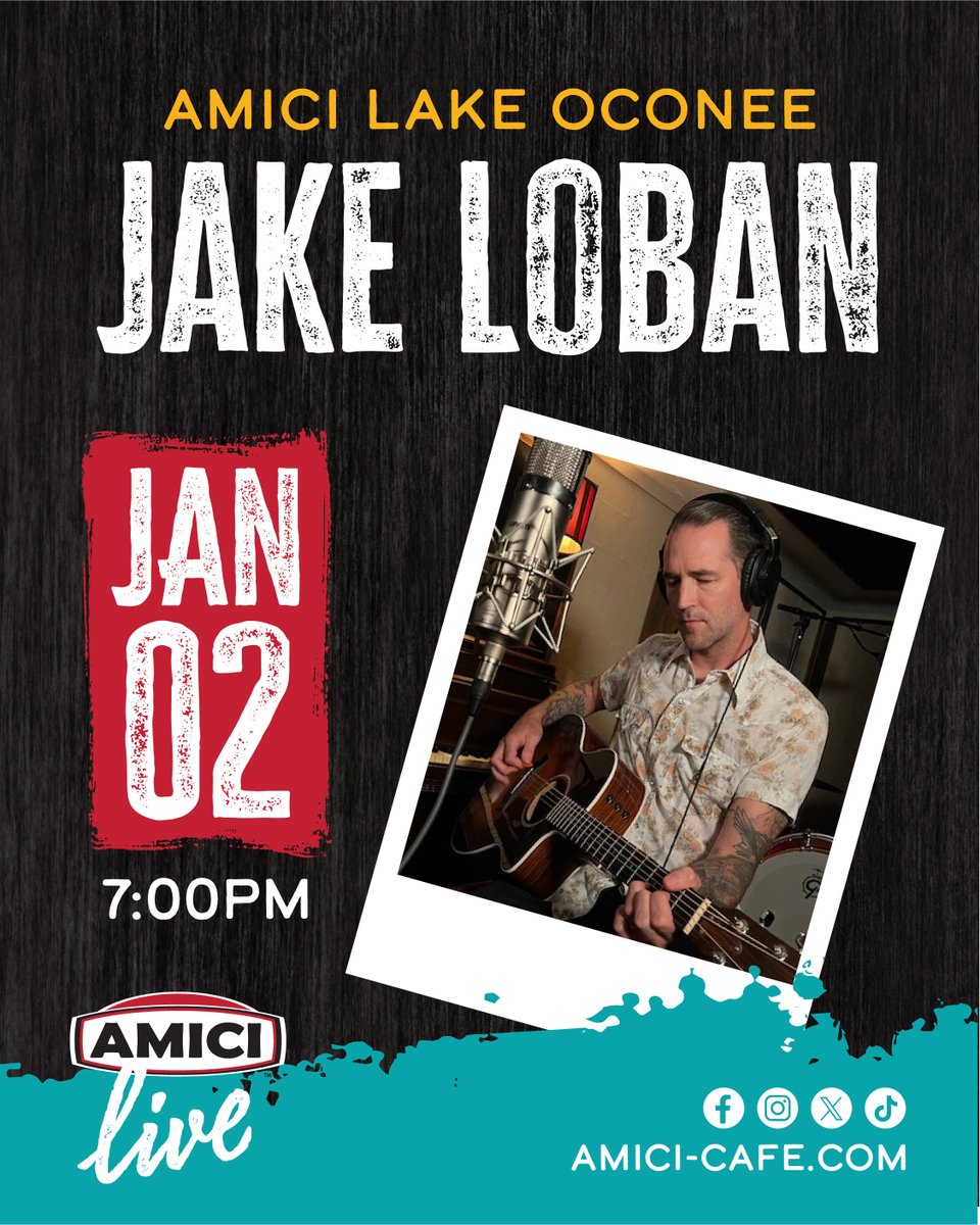 Kick off the new year with pizza, wings, and live music at Amici Lake Oconee! 🍕🍗 

Join us January 2 from 7–9 PM for a great night with Jake Loban and your favorite Amici vibes. 

#PizzaWingsFriends #AmiciLakeOconee #GreensboroGA #LiveMusic #JakeLoban
