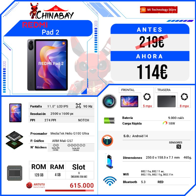 🧡 Redmi Pad 2  
💶 Precio: 114.99€  
📝 Cod. Promo: MES15  
🌐 Link: chinabay.pro/49f0Npw  

🈸 MediaTek Helio G100 Ultra  
🔘 4 GB RAM  🔘 128 GB ROM  

#RedmiPad2 #TechDeals #Tablets #Gadgets #Electronics