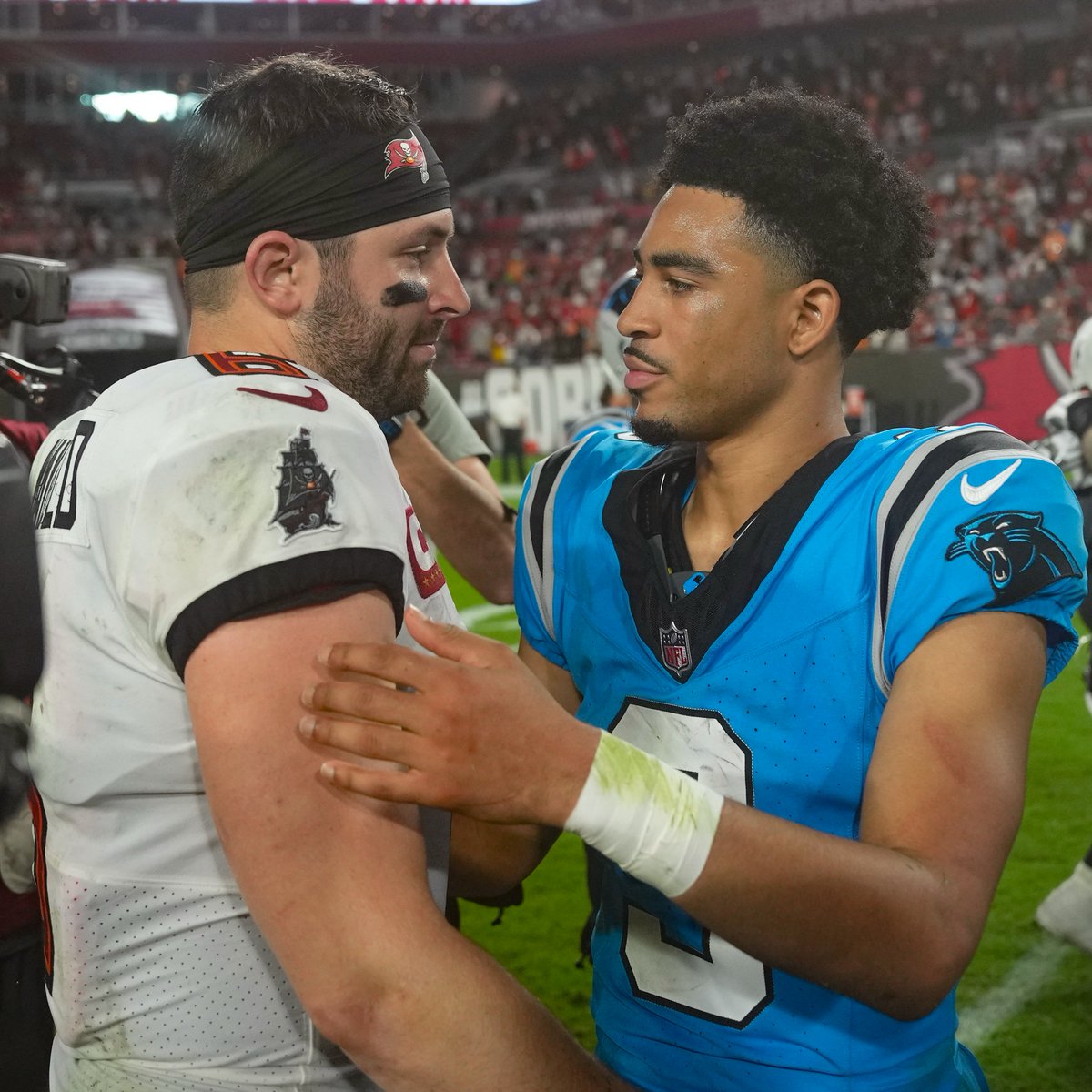 NFL's tweet image. The NFC South &amp;amp; AFC North titles will be decided on the field in Week 18:

@Panthers vs. @Buccaneers
@Ravens vs. @Steelers