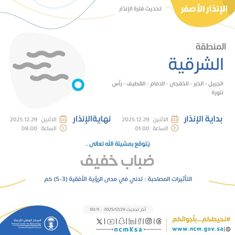 الإنذار الأصفر - #المنطقة_الشرقية - #الجبيل #الخبر #الخفجي  ...+2 

للتفاصيل  ncm.gov.sa/ar/alert/pages… 

#الإنذار_المبكر #طقس_السعودية
#المركز_الوطني_للأرصاد