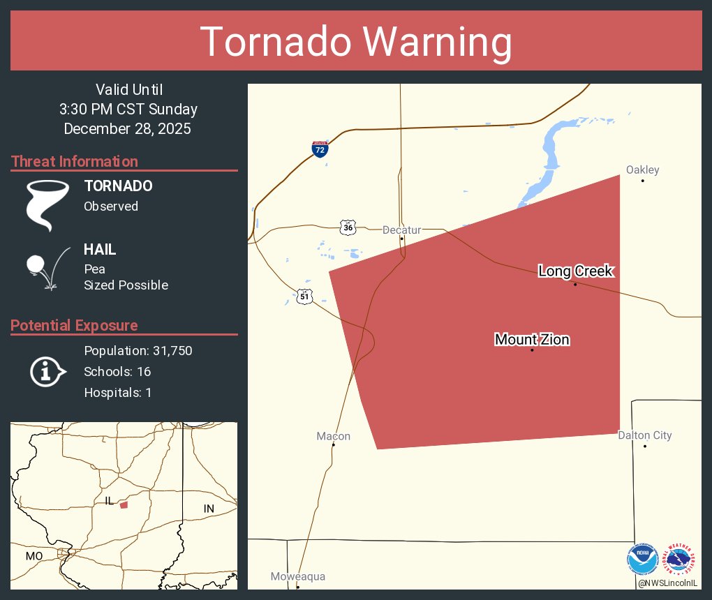 Tornado Warning continues for Mount Zion IL and  Long Creek IL until 3:30 PM CST