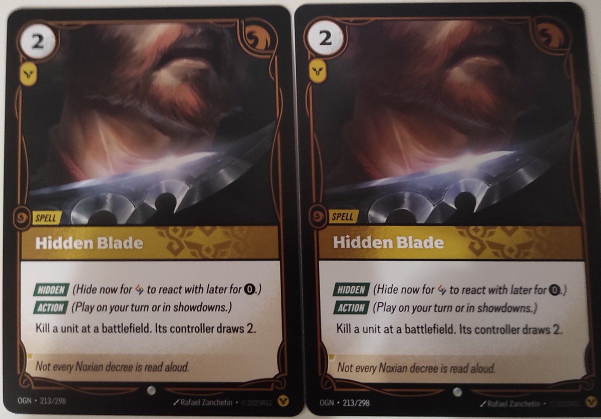 Kapi_Blas's tweet image. Just noticed that a bunch of my cards don't quite look alike (all are either from my LGS or Paris Open). I know Chinese and English have different prints but just English ones should match no? @playriftbound @PlayUVSGames