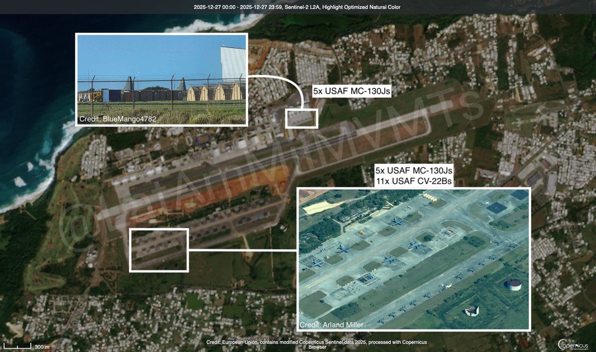 LatAmMilMVMTs's tweet image. Combined imagery from a Sentinel-2 pass (27 Dec) and recent photos posted to social media show that the US Air Force has increased its presence at Rafael Hernández International Airport (BQN/TJBQ) in Puerto Rico with an additional five MC-130Js, which arrived a few days ago.