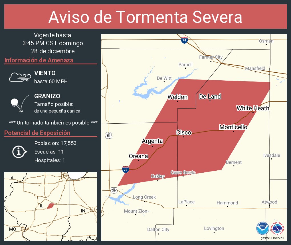 Aviso de Tormenta Severa continúa Monticello IL, Argenta IL, Oreana IL hasta las 3:45 PM CST