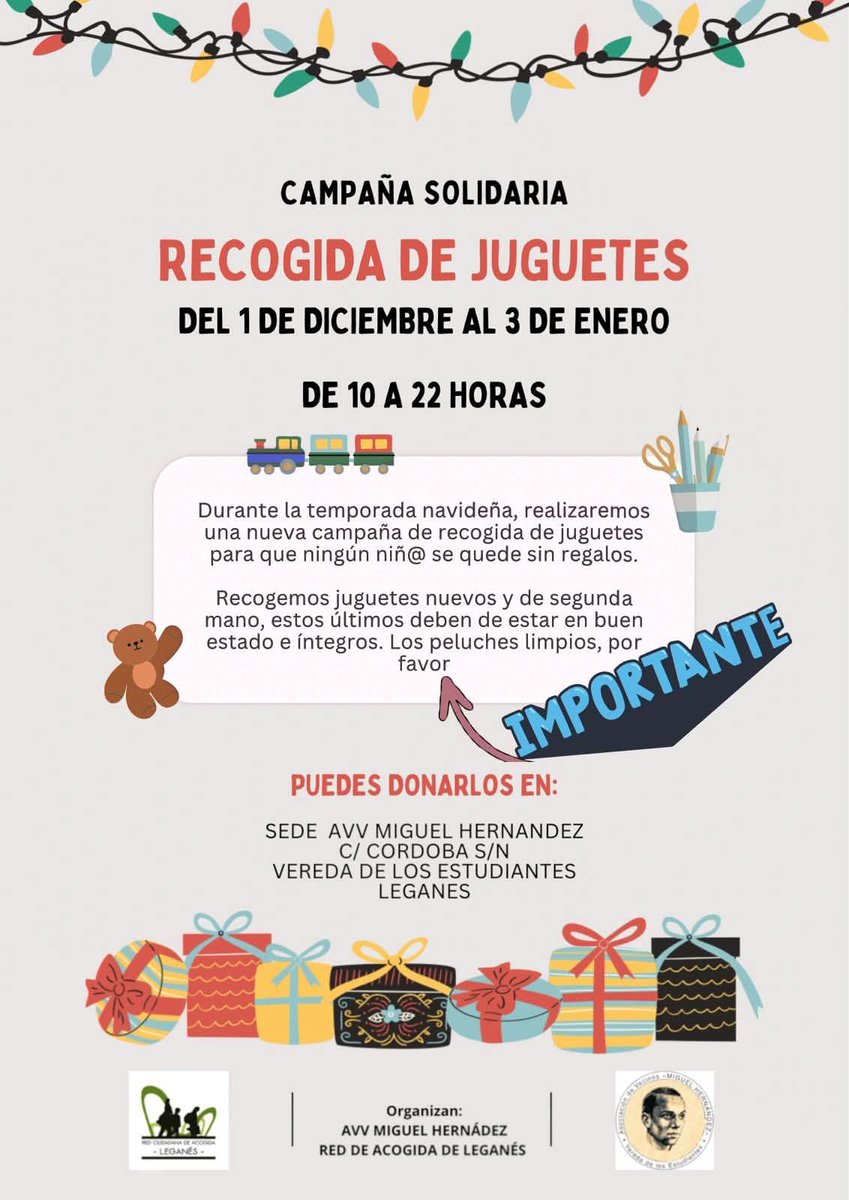 ¡Necesitamos más juguetes! Recuerda que nuestra recogida no ha acabado y vamos escasas. Puedes acercarte a la sede de la <a href="/AVV_Vereda/">A.VV. Miguel Hernández</a> y contribuir con lo que puedas para que ninguna criatura de Leganés se quede sin juguete.
Gracias!!!!