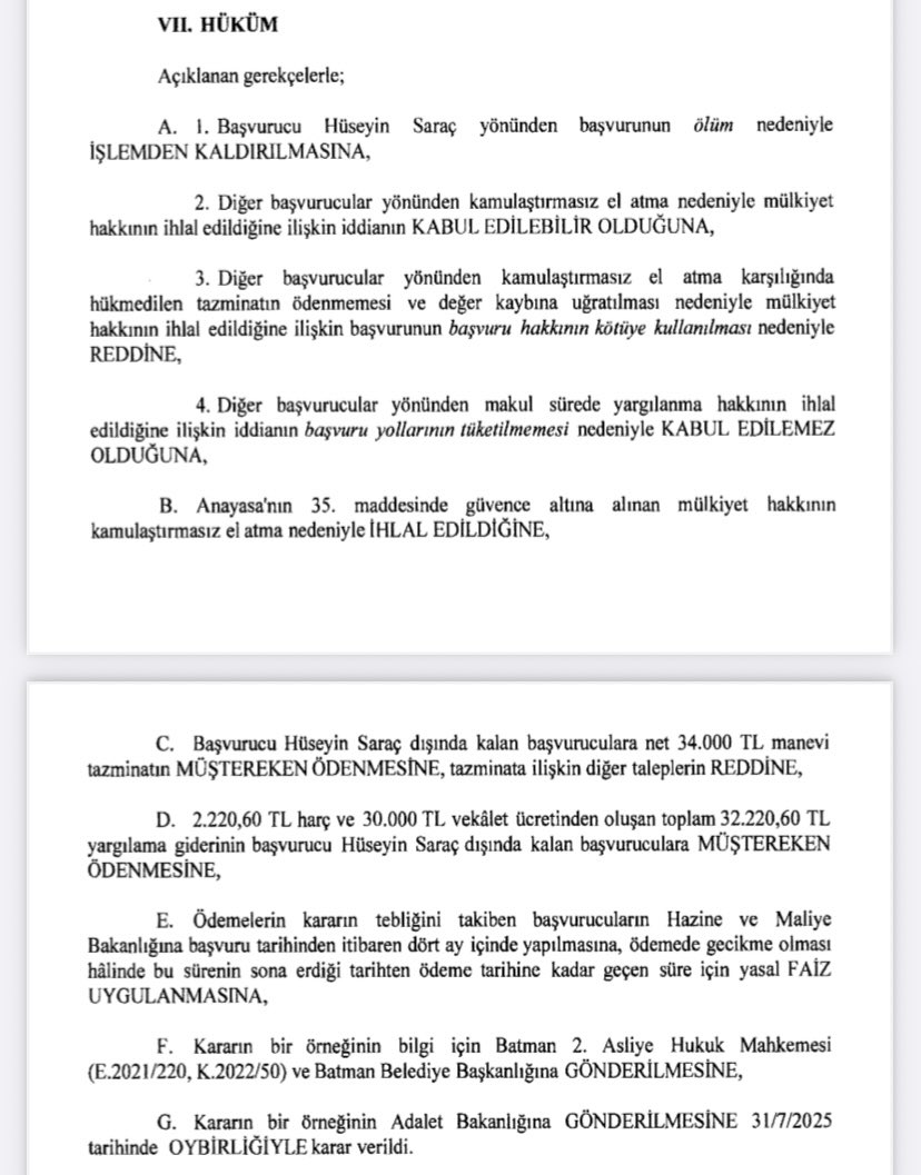 Anayasa Mahkemesi, kamulaştırmasız el atmada belirlenen tazminat bedelinin ödenmemesini ve tazminat bedelinin enflasyon karşısında değer kaybına uğramasını mülkiyet hakkının
ihlali olarak gördü. Verilen karar bugünkü Resmi Gazete’de yayımlandı.

resmigazete.gov.tr/eskiler/2025/1…
