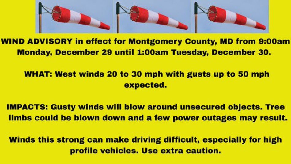 mcfrsPIO's tweet image. RX @MCDOTNow 🍃NEW🍃 The @NWS_BaltWash has issued a 'Wind Advisory' for our area starting tomorrow morning at 9:00am.
▶️weather.gov/lwx/ #mdcommuters @ReadyMontgomery @mcfrsPIO #Monday