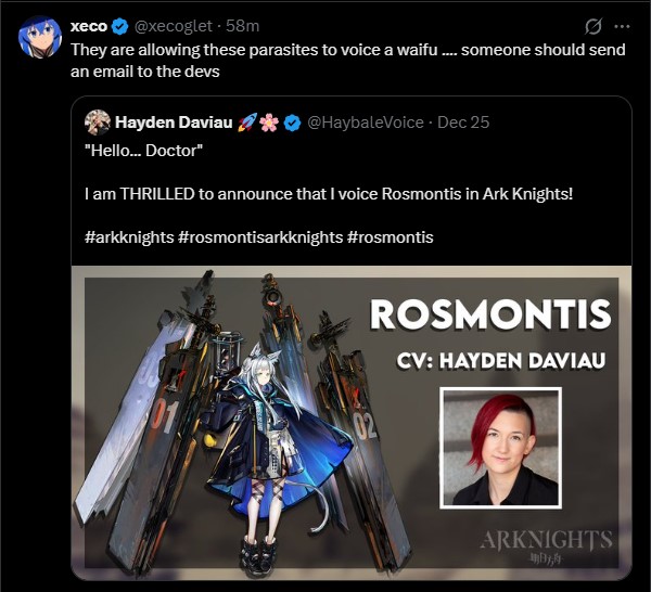 Weezor_'s tweet image. Gacha grail are now harassing an arknights VA and trying to get them fired for... being trans. There's no good reason this blatant targeted harassment group should still be allowed on this platform at this point.