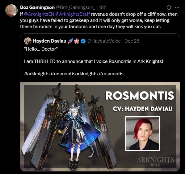 Weezor_'s tweet image. Gacha grail are now harassing an arknights VA and trying to get them fired for... being trans. There's no good reason this blatant targeted harassment group should still be allowed on this platform at this point.
