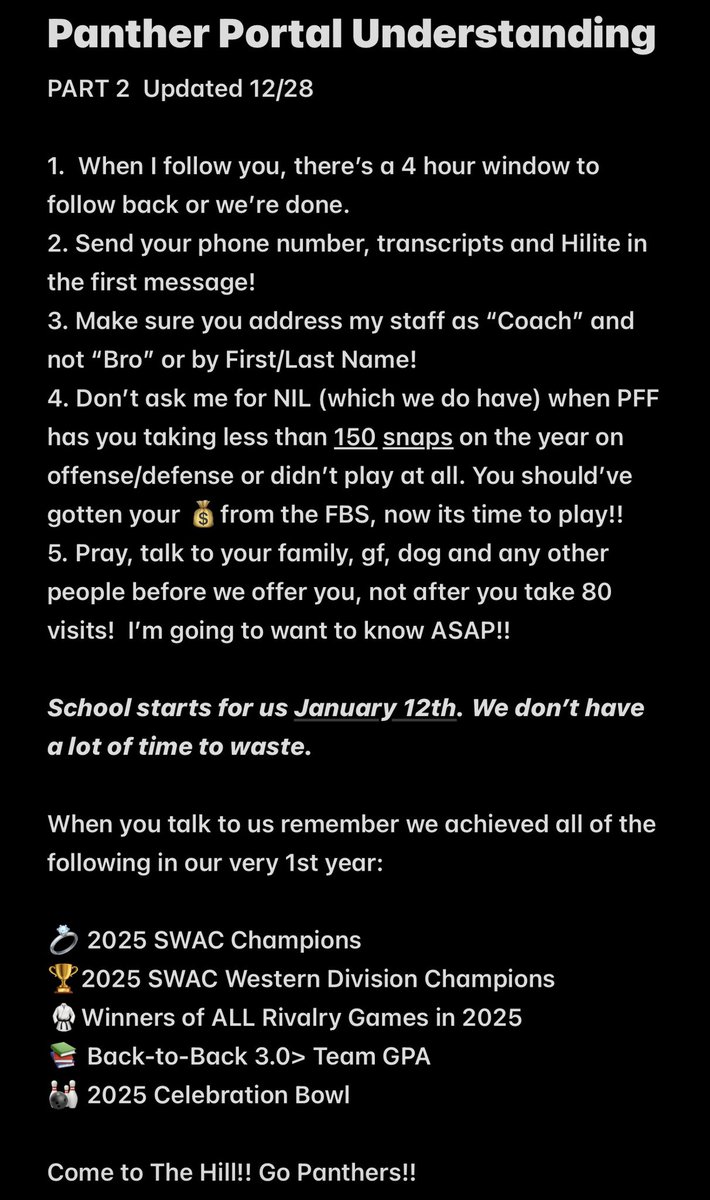 coachjack212's tweet image. Now that the portal opens in a few days, here’s our updated understanding!!  

We look forward to hearing from all transfers that want to COMPETE for CHAMPIONSHIPS!! 

Panther Portal Understanding Pt. 2