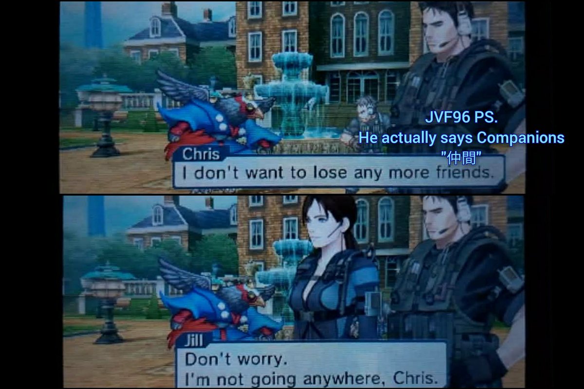 JillJVF96's tweet photo. Some #JillValentine & #ChrisRedfield's lines from #PxZ anticipate #LostinNightmares dark fate;
Chris tells her he doesn't want to lose other companions n Jill replies she wont go anywhere n she doesn't plan to retire soon💙😭💚😭
#ResidentEvil #REBHFun #ValenField #バイオハザード https://t.co/FXSaQK4QM4