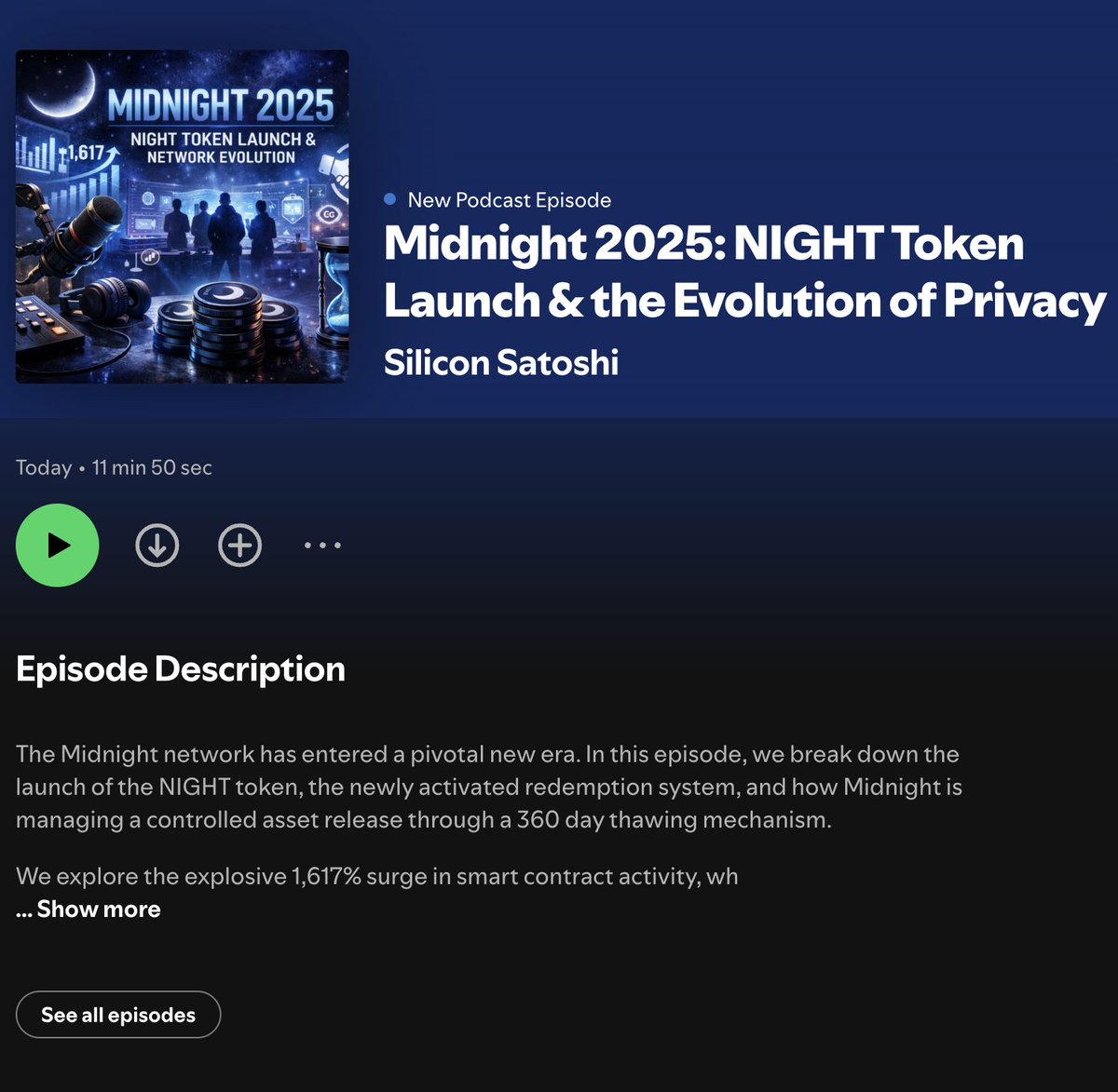 Midnight 2025 is here.

The #NIGHT token is live, redemption is active, and the 
Credit Coin partnership
Builders gearing up for 2026 main net

Privacy first Web3 is no longer theoretical. 
#MidnightNetwork 
New podcast episode out now.
open.spotify.com/episode/5dZaAw…