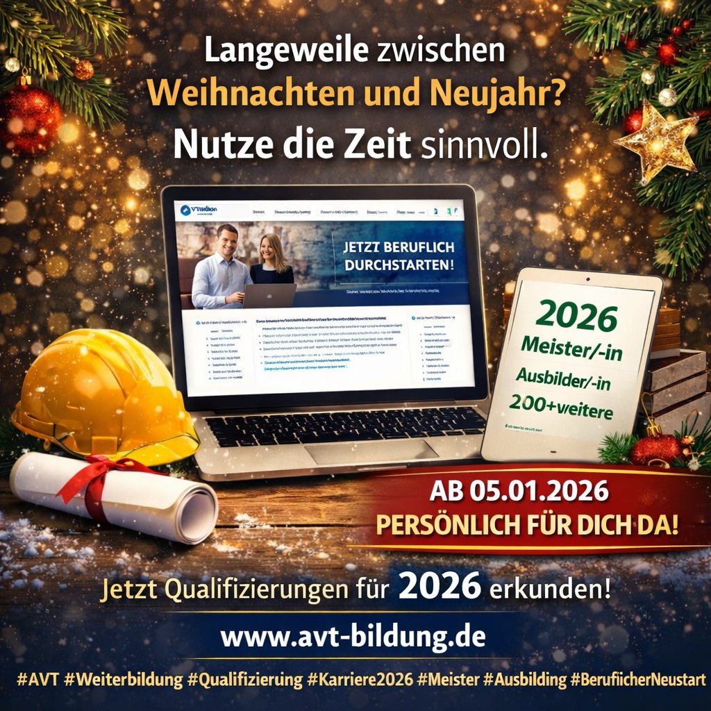 Langeweile zwischen den Feiertagen und Neujahr?
Nutze die Zeit sinnvoll.
Auf unserer Webseite avt-bildung.de findest du jederzeit passende Qualifizierungen!
Dein AVT-Team
#AVT #Weiterbildung #Qualifizierung #Karriere2026 #Meister #Ausbildung #BeruflicherNeustart