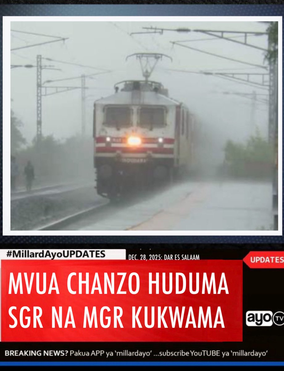 millardayo's tweet photo. Wizara ya Uchukuzi imetoa tahadhari kwa Wananchi wanaotarajia kusafiri kutumia usafiri wa reli ambazo ni Reli ya SGR na MGR ambapo imesema kuwa kufuatia kuwepo kwa mvua kubwa zinazoendelea kunyesha zimesababisha uharibifu wa miundombinu ya reli katika njia zake katika maeneo mbalimbali.

Kupitia taarifa iliyotolewa na Wizara hiyo hii leo Disemba 28, 2025 imeeleza kuwa mvua zilizonyesha zimeanza kusababisha uharibifu katika madaraja ya reli ya zamani (MGR), hususa ni katika eneo la Kidete, Wilaya ya Kilosa mkoani Morogoro, pamoja na eneo la Gulwe, Wilaya ya Mpwapwa mkoani Dodoma na kwa upande wa miundombunu ya SGR  kumeshuhudiwa hitilafu za umeme wa Shirika la Umeme Tanzania (TANESCO) pamoja na umeme wa reli ya kisasa (SGR), hali iliyoathiri uendeshaji wa huduma za reli katika baadhi ya maeneo. 

Kutokana na hali hiyo, Wizara imewataka wananchi “kuepuka kusafiri katika maeneo yaliyoathiriwa pale inapowezekana, kufuatilia taarifa rasmi kutoka Serikalini na vyombo husika, pamoja na kuzingatia maelekezo yanayotolewa na vyombo vya ulinzi na usalama na mamlaka za usafiri na pia kuepuka kusogea karibu na miundombinu ya reli na barabara zilizoathiriwa ili kujikinga na ajali.”
#MillardAyoUPDATES