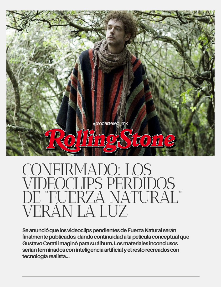 SodaStereo_Mx's tweet photo. 🎬✨ Se ha confirmado que los videoclips pendientes de Fuerza Natural de Cerati finalmente serán publicados. La idea es darle continuidad a esa “película” que Gustavo imaginó como una obra visual completa, donde cada canción formaba parte de un mismo viaje, una misma historia. https://t.co/6eOGz8Expf