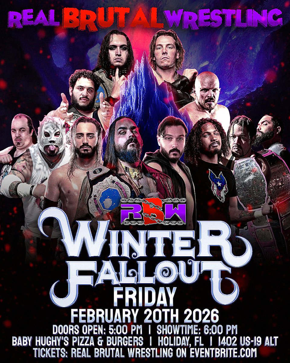 RBW_BRUTAL's tweet photo. ❄️ NEW YEAR, SAME BRUTALITY ❄️

Real BRUTAL Wrestling kicks off the new year with RBW Winter Fallout 2026! Our first event of 2026 will be taking place at Baby Hughy's in Holiday, Florida! 

Date, Time &amp; Location:

February 20th 2026
Doors Open 5PM / Showtime 6PM
Baby Hughy's https://t.co/0CG6wqyi2D