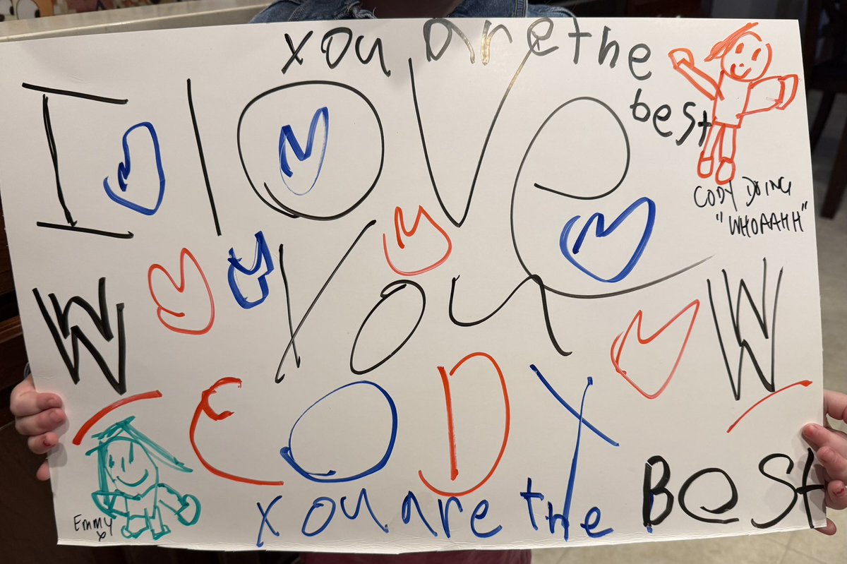 ooberfan's tweet image. Signs made and at the ready to represent #nightmarefamily … one the complete, independent creation by my girl… the other with a little help from Dad 😊! See you soon @CodyRhodes #wwerochester ❤️🤍💙