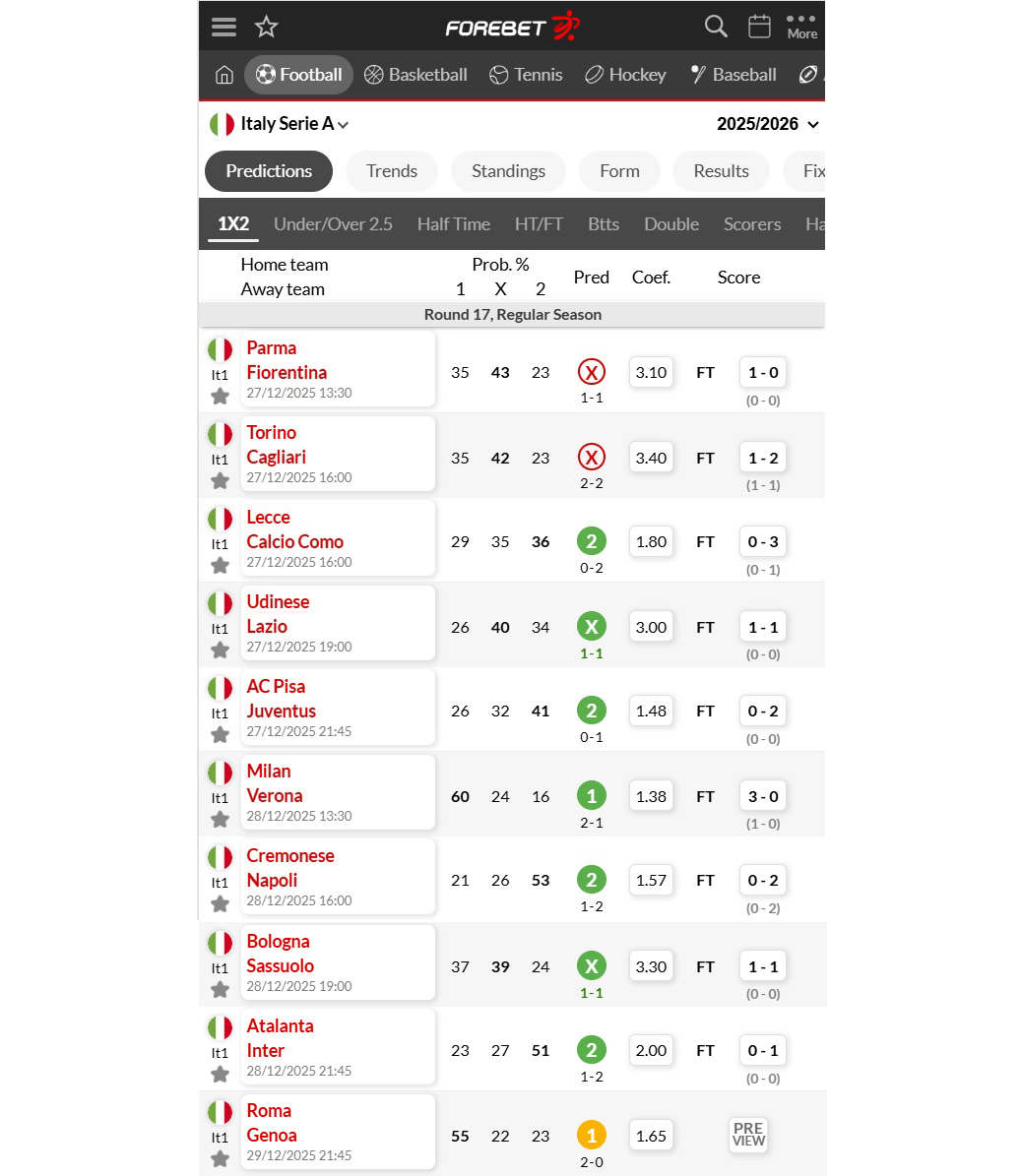 Forebet's tweet image. Inter climbed back to the top of the Serie A and Forebet's predictions for this round in the Calcio look like this so far.
How are your predictions going this holiday season?

#BoxingDay #EPL #FootballPredictions #PremierLeague #CorrectScore #Predictions #football #soccer #futbol