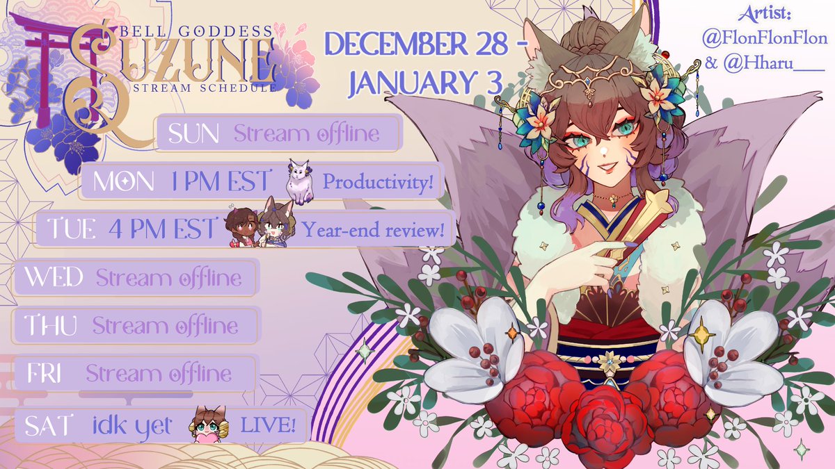 🚨 WEIRD WEEK AHEAD!! 🚨 

Schedule for 12/28 - 01/03:
Monday, 1 PM EST: productivity
Tuesday, 4 PM EST: Year-end review with the Follies!
Saturday, idk what time yet: Live doing something!

Art by @/FlonFlonFlon and @/Hharu___ I WEEP